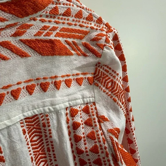 Elan Clara Orange White Embroidered Boho Mini Dress Bell Sleeve Pockets S - Picture 8 of 9